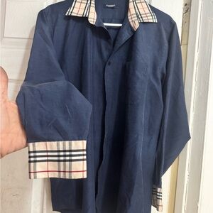 Burberry Navy Button-Down Shirt with Beige Check Collar & Cuff
